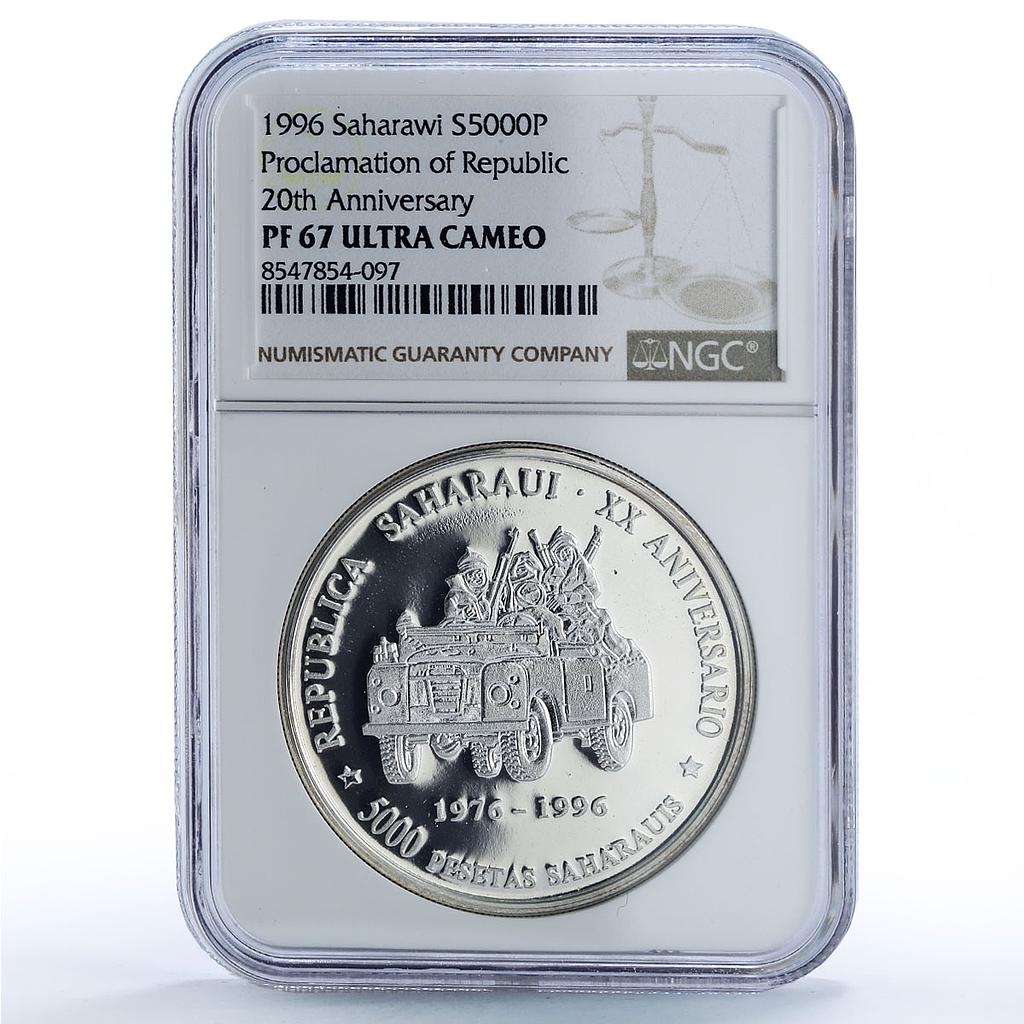 Saharawi 5000 pesetas Proclamation Republic Jeep Car PF 67 NGC silver coin 1996