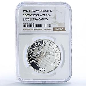 El Salvador 150 colones Discovery of America Ships PF 70 NGC silver coin 1992
