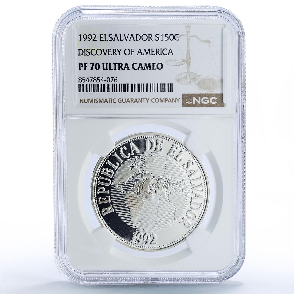 El Salvador 150 colones Discovery of America Ships PF 70 NGC silver coin 1992