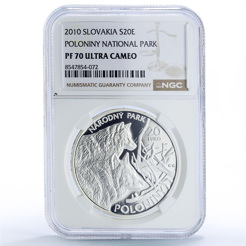 Slovakia 20 euro National Park Poloniny Wolves Fauna PF 70 NGC silver coin 2010