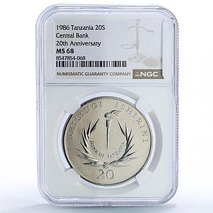 Tanzania 20 shillings Central Bank President Mwinyi MS 68 NGC CuNi coin 1986