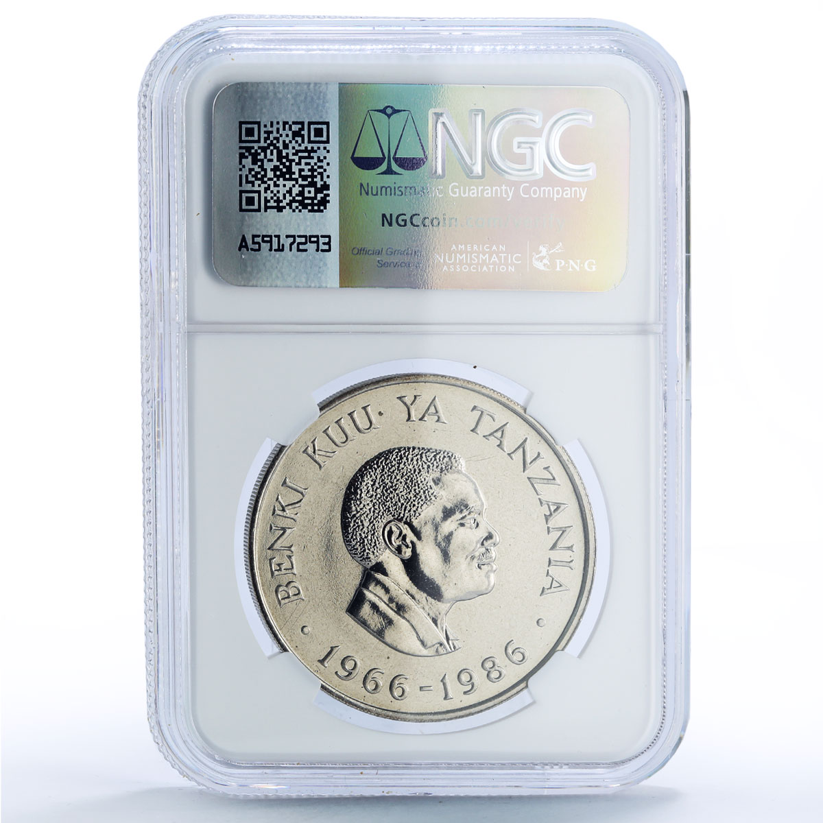 Tanzania 20 shillings Central Bank President Mwinyi MS 68 NGC CuNi coin 1986