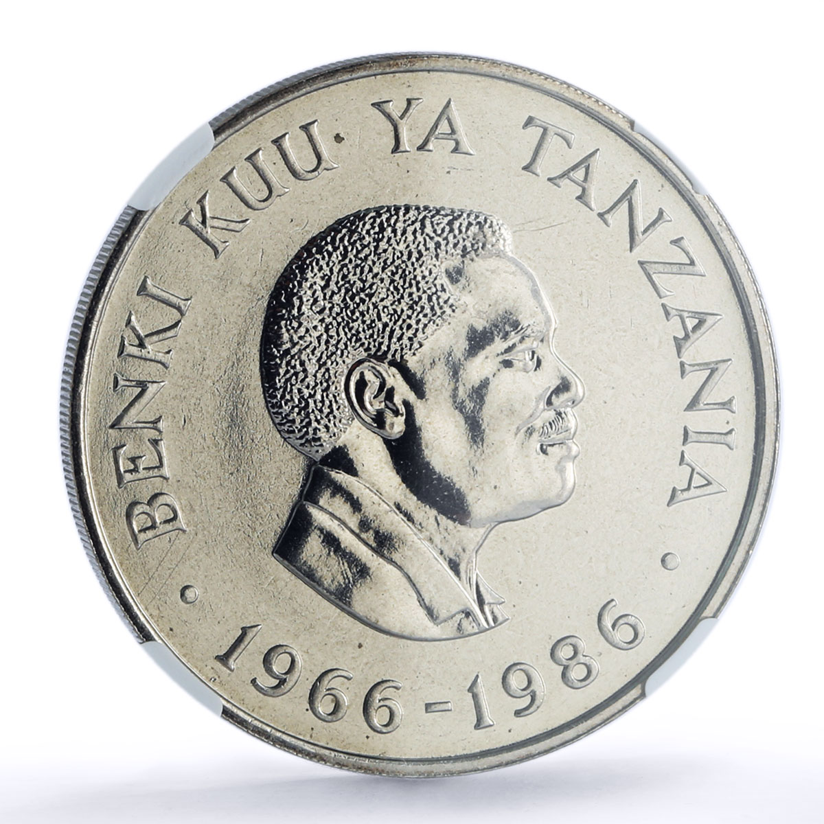 Tanzania 20 shillings Central Bank President Mwinyi MS 68 NGC CuNi coin 1986
