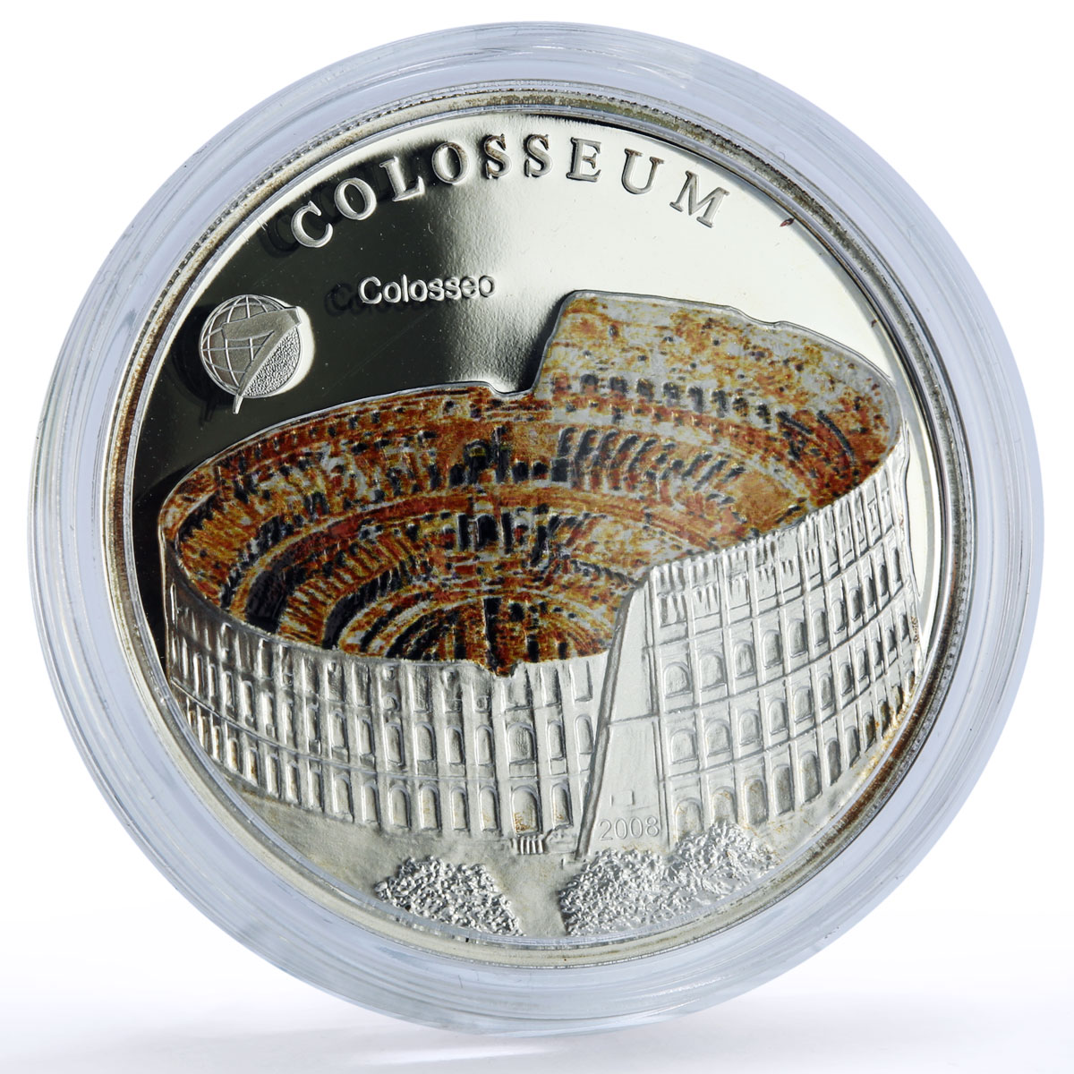 Mongolia 500 togrog Colosseum Italy New Wonders Color proof silver coin 2008