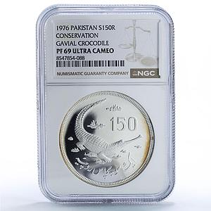 Pakistan 150 rupees Gavial Crocodile Conservation PF 69 NGC silver coin 1976