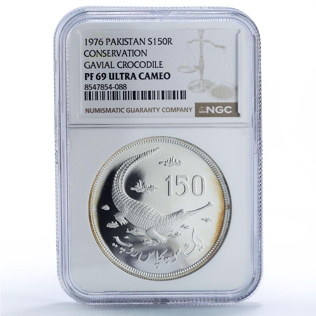Pakistan 150 rupees Gavial Crocodile Conservation PF 69 NGC silver coin 1976