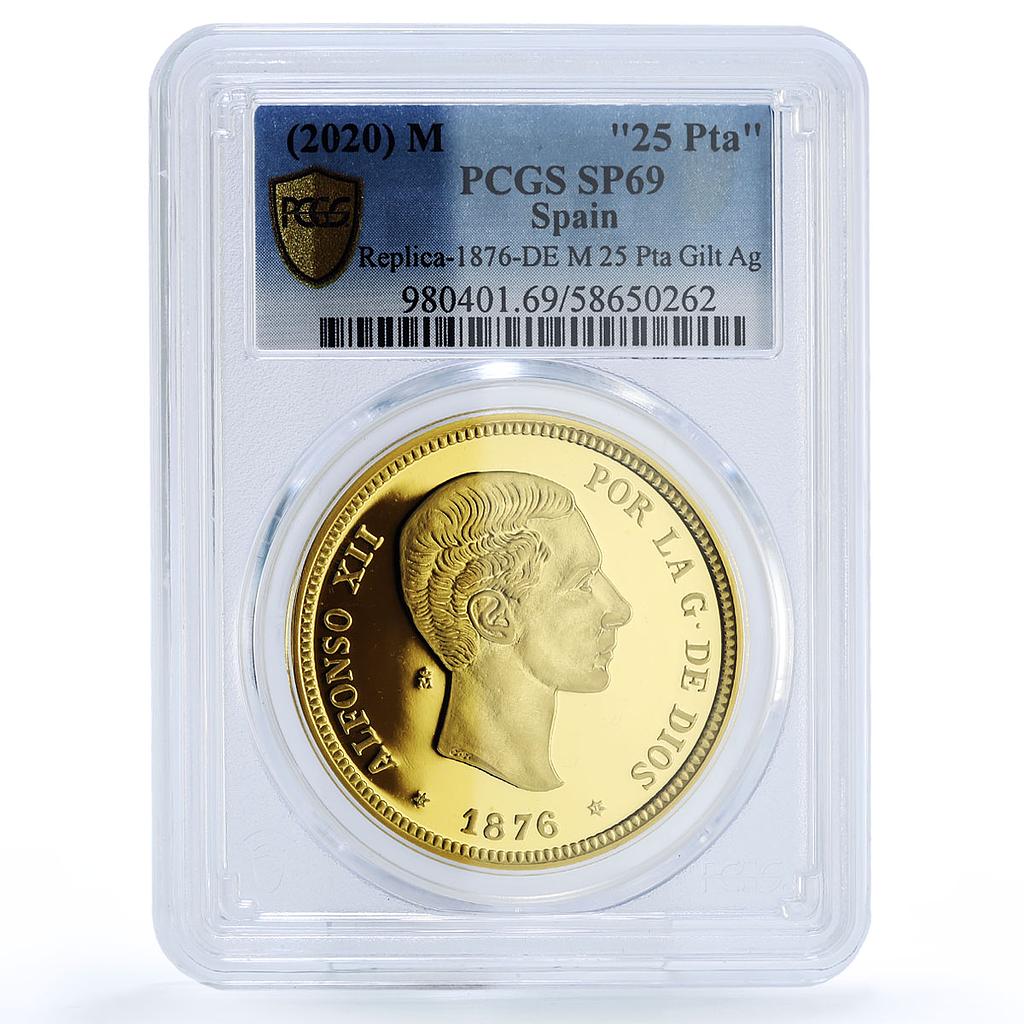 Spain Alfonso XII 25 Pesetas Restrike 1876 SP 69 PCGS silver token 2020
