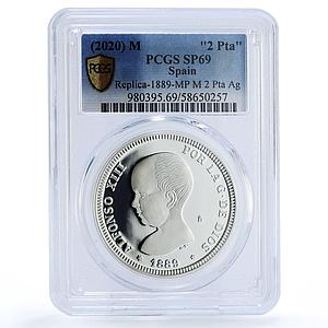 Spain Alfonso XIII 2 Pesetas Restrike 1889 SP 69 PCGS silver token 2020