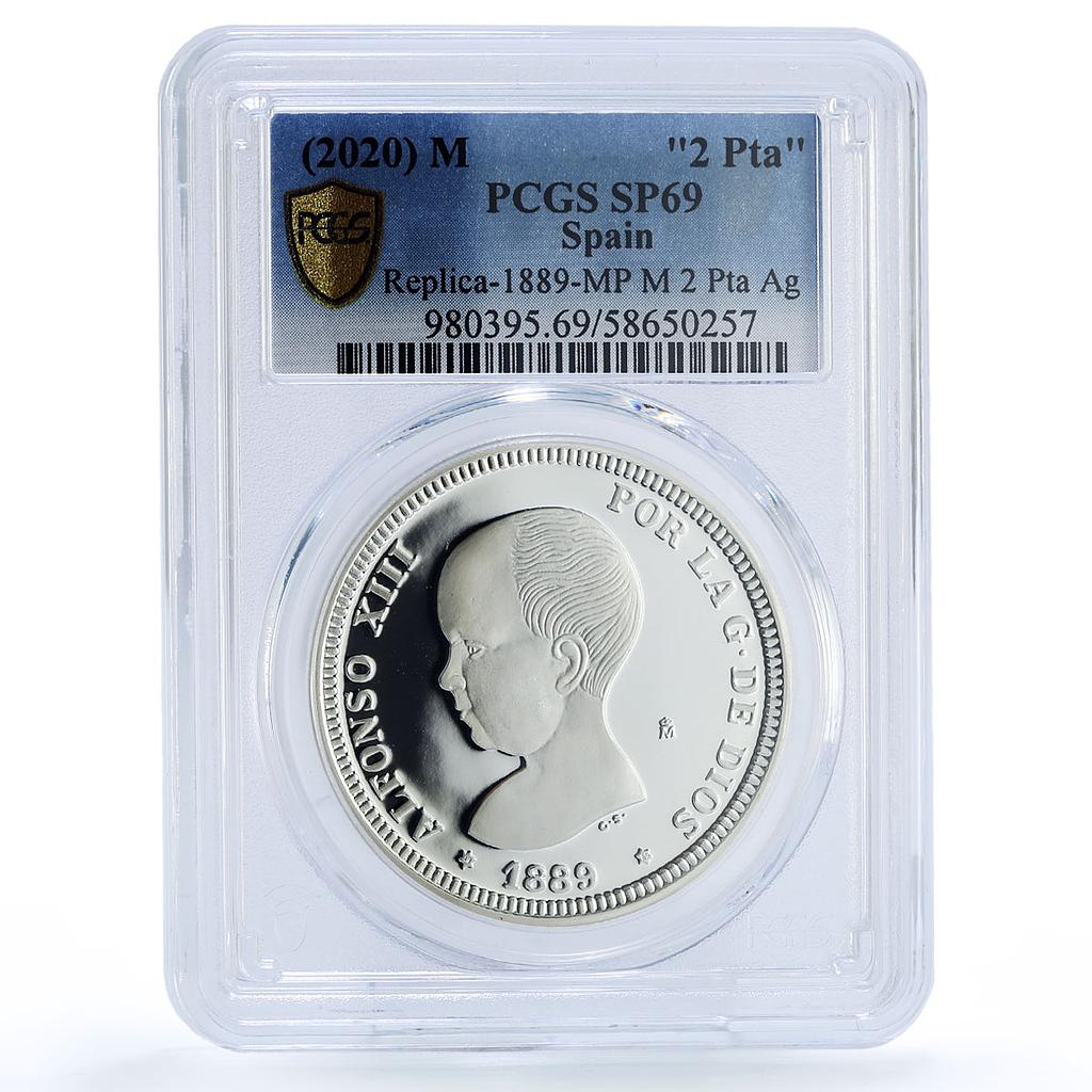 Spain Alfonso XIII 2 Pesetas Restrike 1889 SP 69 PCGS silver token 2020