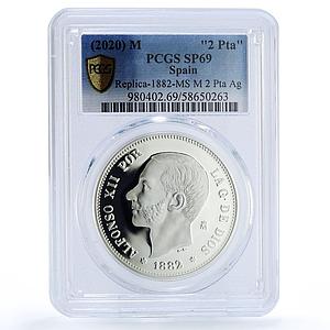 Spain Alfonso XII 2 Pesetas Restrike 1882 SP 69 PCGS silver token 2020