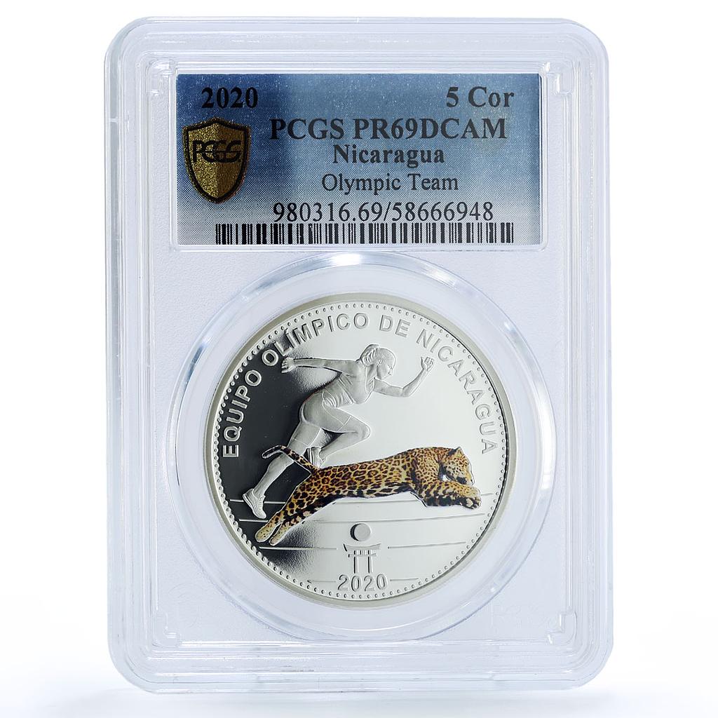 Nicaragua 5 cordobas Olympic Team Tokyo Games Jaguar PR 69 PCGS silver coin 2020