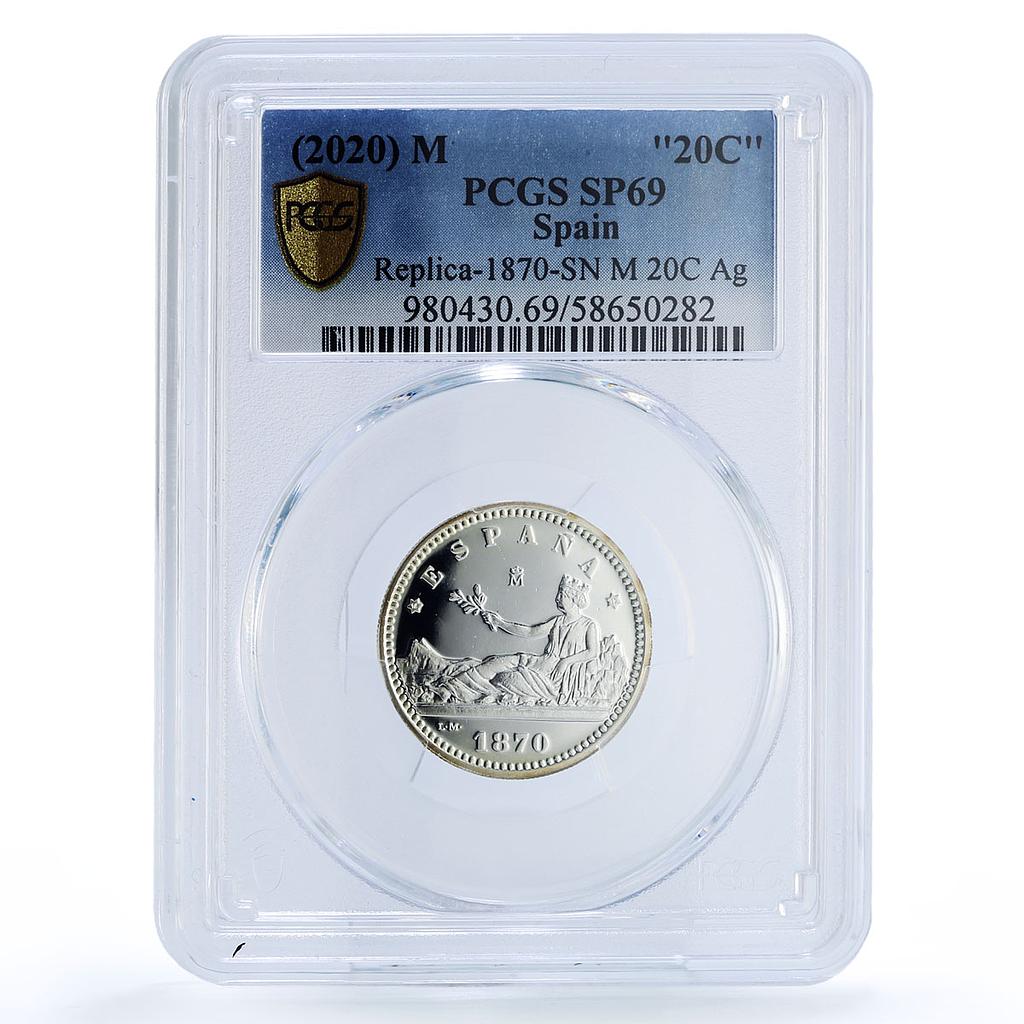 Spain Provisional 20 Centimos Restrike 1870 SP 69 PCGS silver token 2020