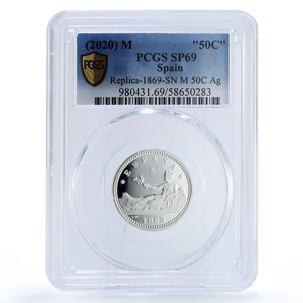 Spain Provisional 50 Centimos Restrike 1869 SP 69 PCGS silver token 2020
