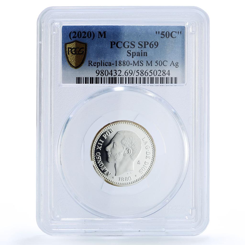 Spain Alfonso XII 50 Centimos Restrike 1880 SP 69 PCGS silver token 2020