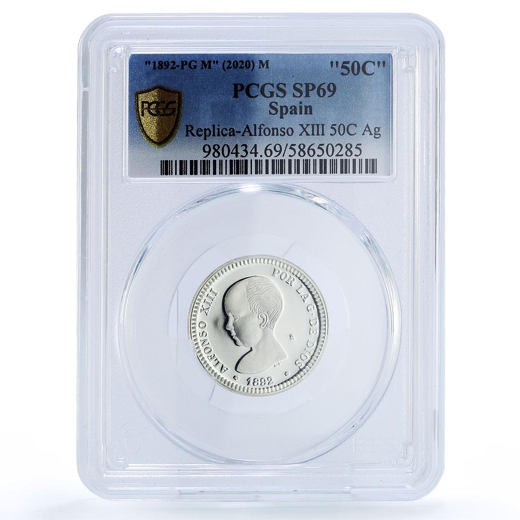Spain Alfonso XIII 50 Centimo Restrike 1892 SP 69 PCGS silver token 2020