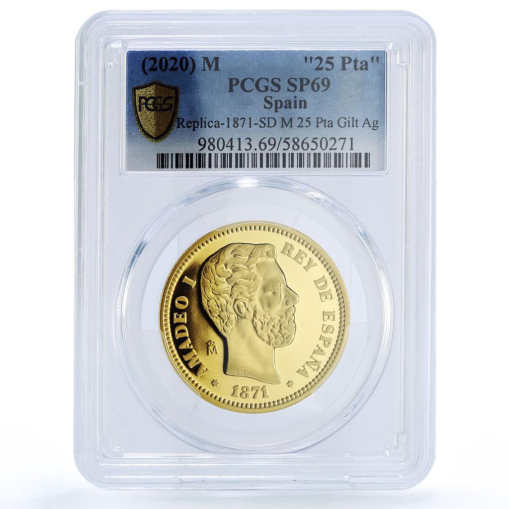 Spain Alfonso XI 25 Pesetas Restrike 1871 SP 69 PCGS silver token 2020