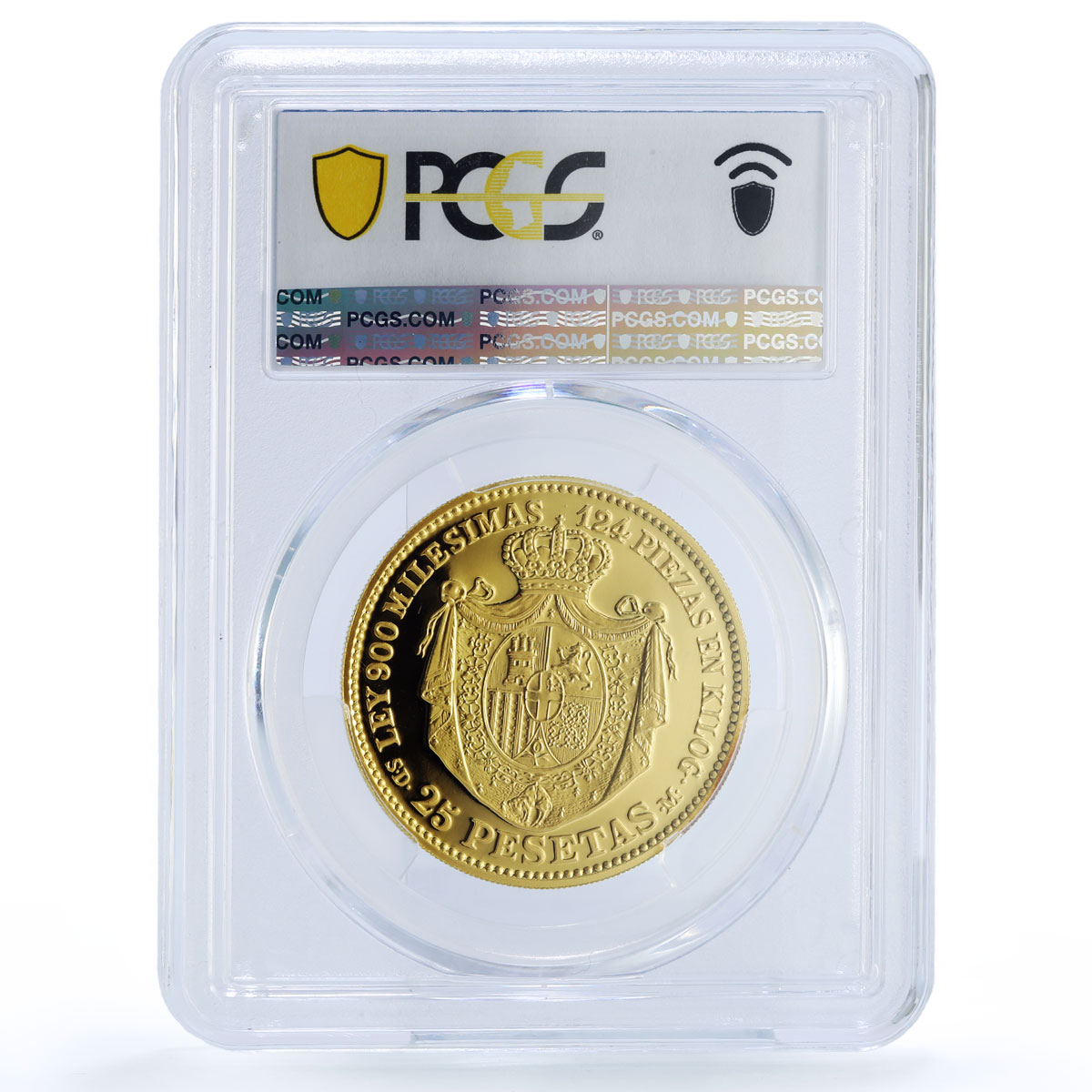 Spain Alfonso XI 25 Pesetas Restrike Replica 1871 SP 69 PCGS silver token 2020