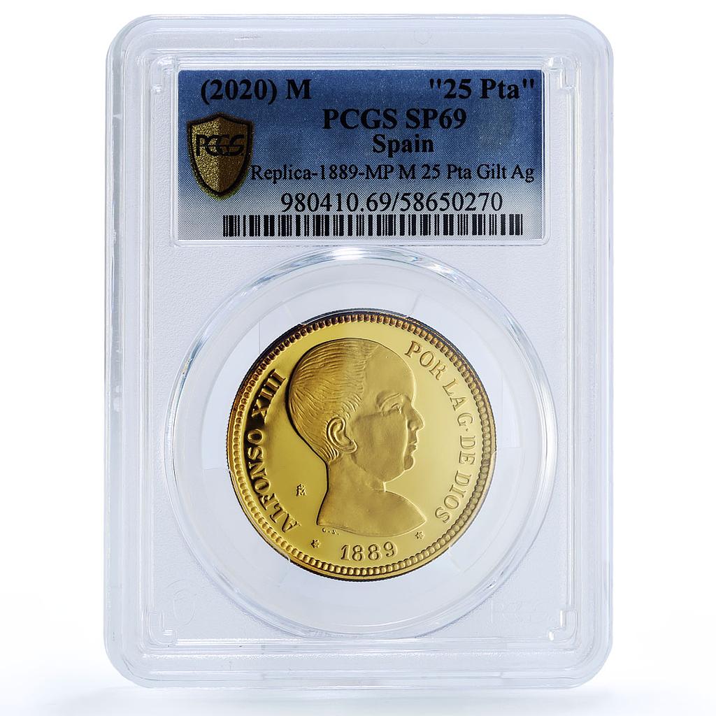 Spain Alfonso XIII 25 Pesetas Restrike 1889 SP 69 PCGS silver token 2020