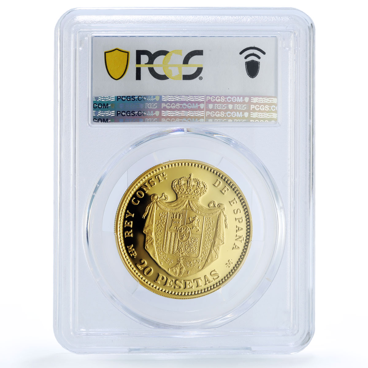 Spain Alfonso XIII 25 Pesetas Restrike Replica 1889 SP 69 PCGS silver token 2020