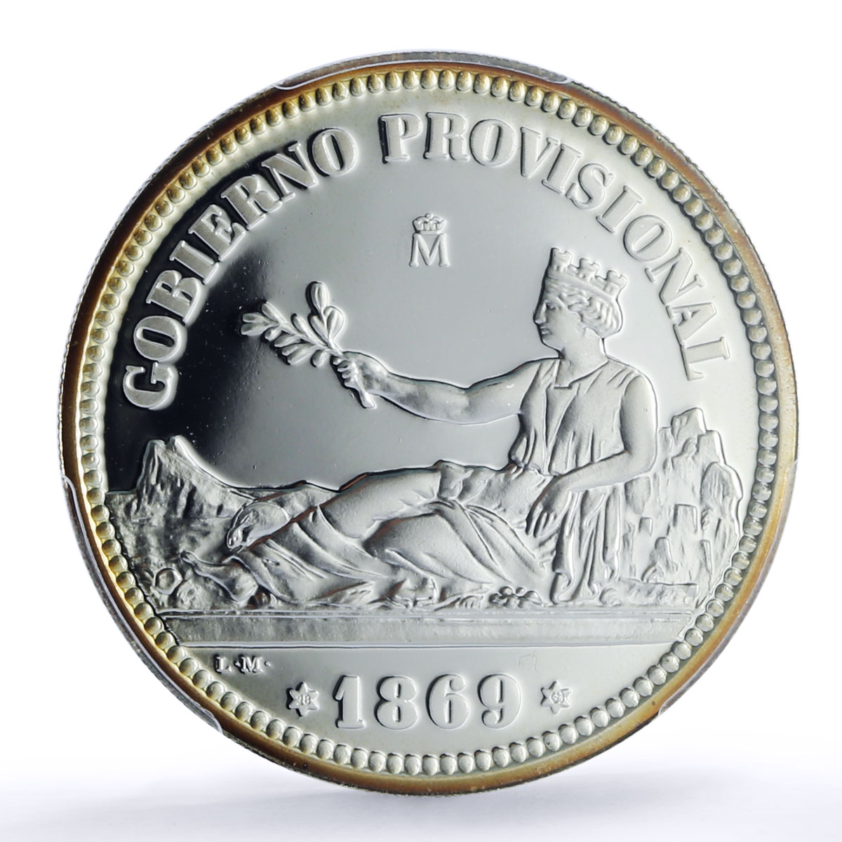 Spain Provisional 1 Peseta Restrike Replica 1869 SP 69 PCGS silver token 2020