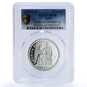 Spain Republic 1 Peseta Restrike 1933 SP 69 PCGS silver token 2020