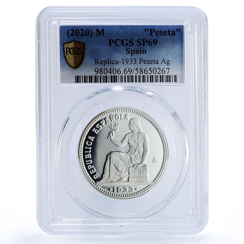 Spain Republic 1 Peseta Restrike 1933 SP 69 PCGS silver token 2020