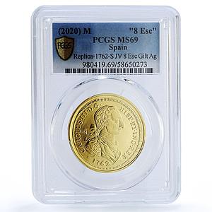 Spain Charles III 8 Escudos Restrike 1762 MS 69 PCGS silver token 2020