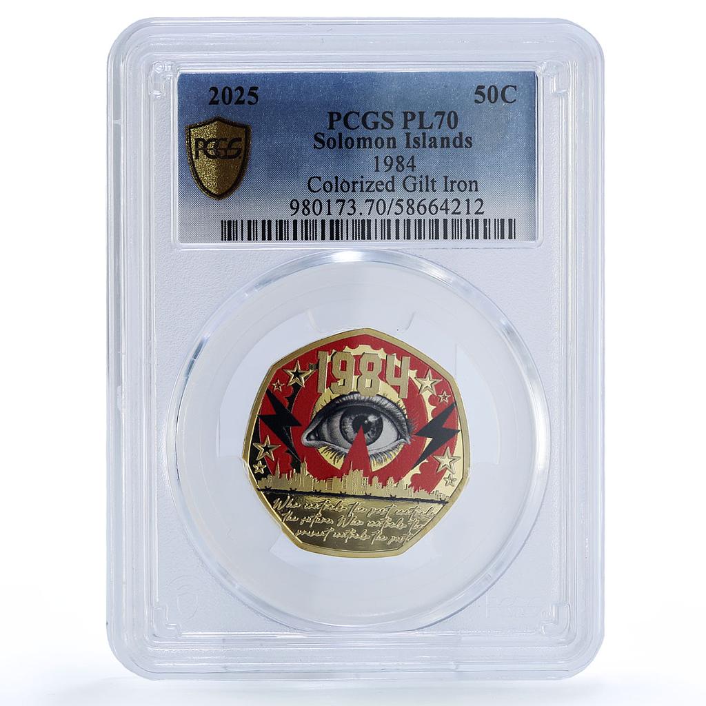 Solomon Islands 50 cents Orwell 1984 Gilt PL 70 PCGS silvered iron coin 2025