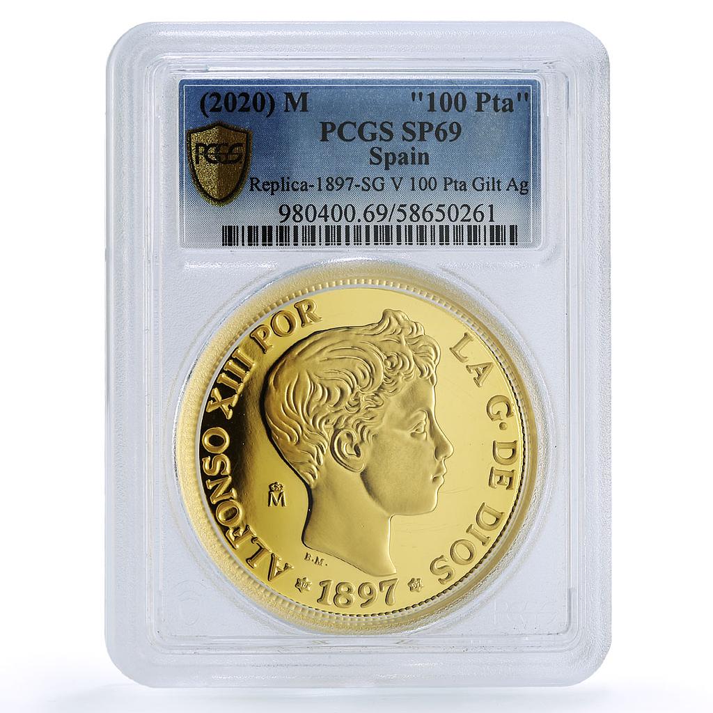 Spain Alfonso XII 100 Pesetas Restrike 1897 SP 69 PCGS silver token 2020