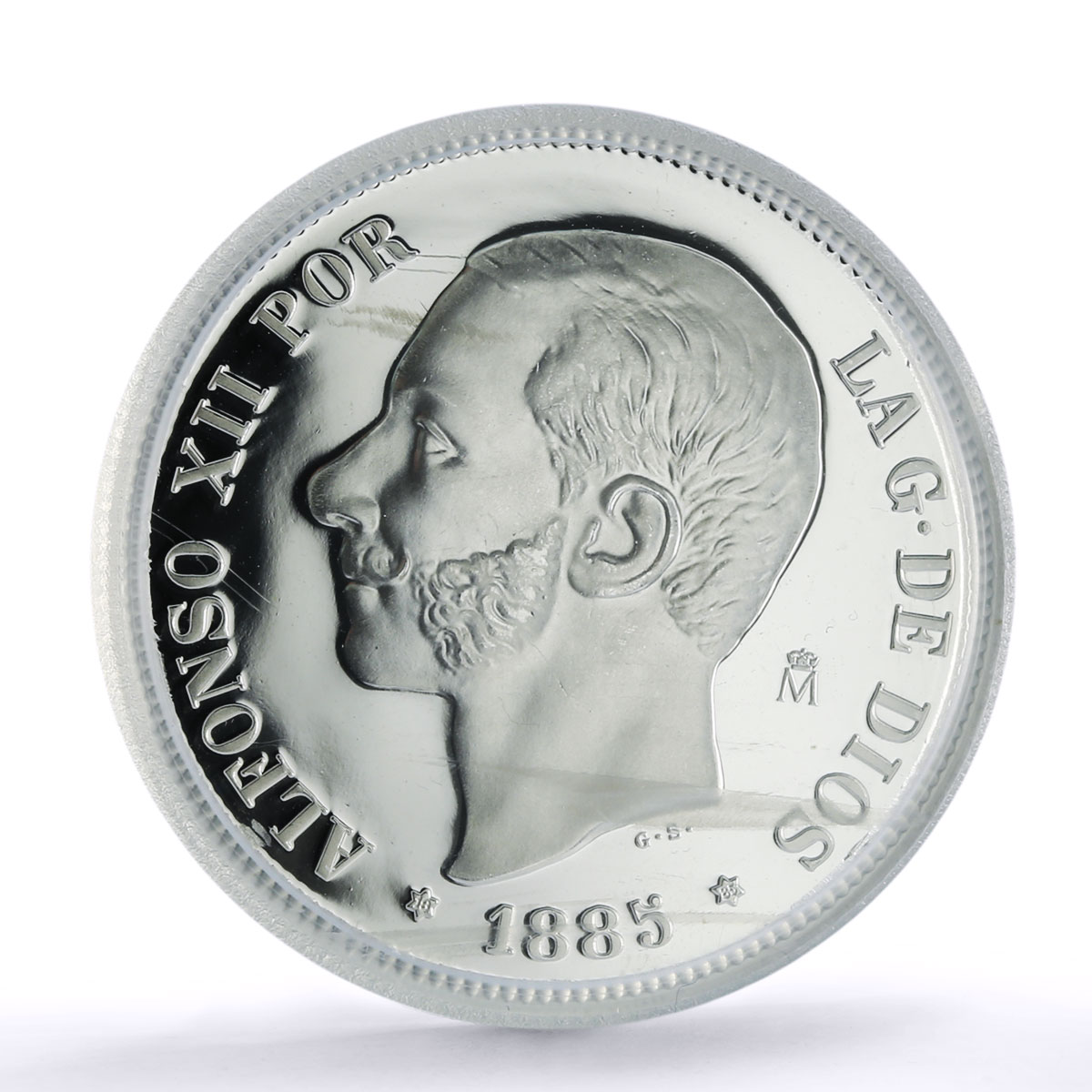 Spain Alfonso XII 5 Pesetas Restrike Replica 1885 SP 69 PCGS silver token 2020