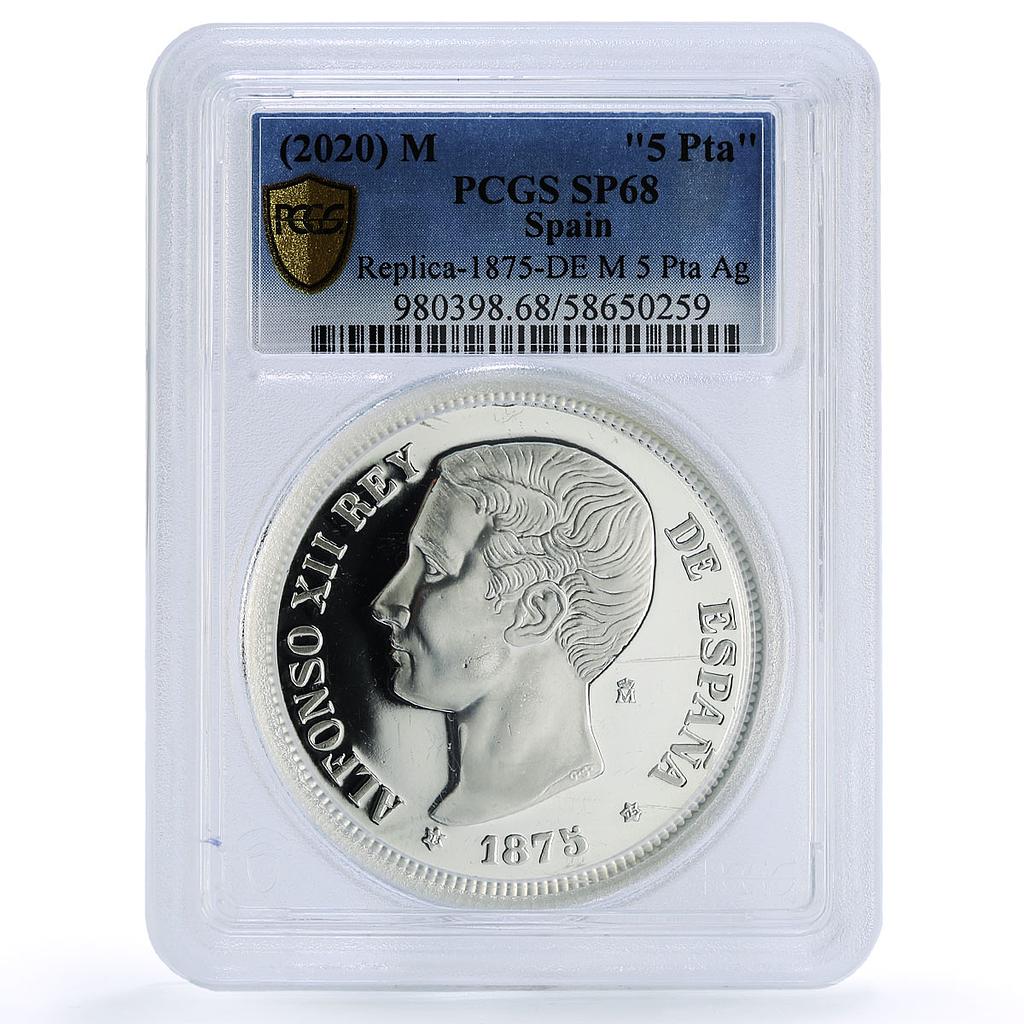 Spain Alfonso XII 5 Pesetas Restrike 1875 SP 68 PCGS silver token 2020