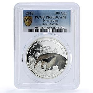 Nicaragua 100 cordobas Giant Anteater Wildlife Fauna PR 70 PCGS silver coin 2018
