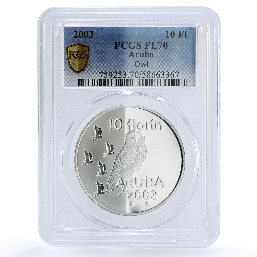 Netherlands Aruba 10 florin Owl Bird Wildlife Fauna PL 70 PCGS silver coin 2003