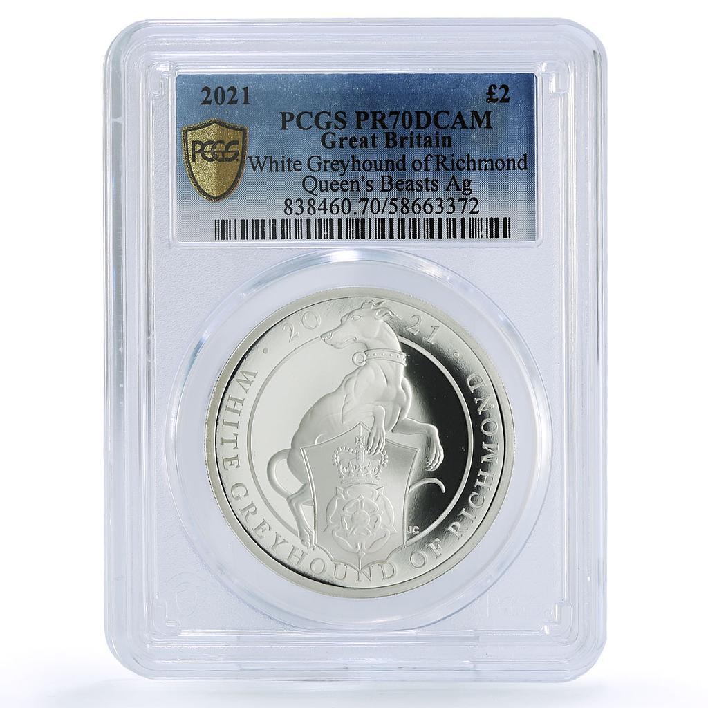 Great Britain 2 pounds Greyhound Dog Queen Beasts PR 70 PCGS silver coin 2021
