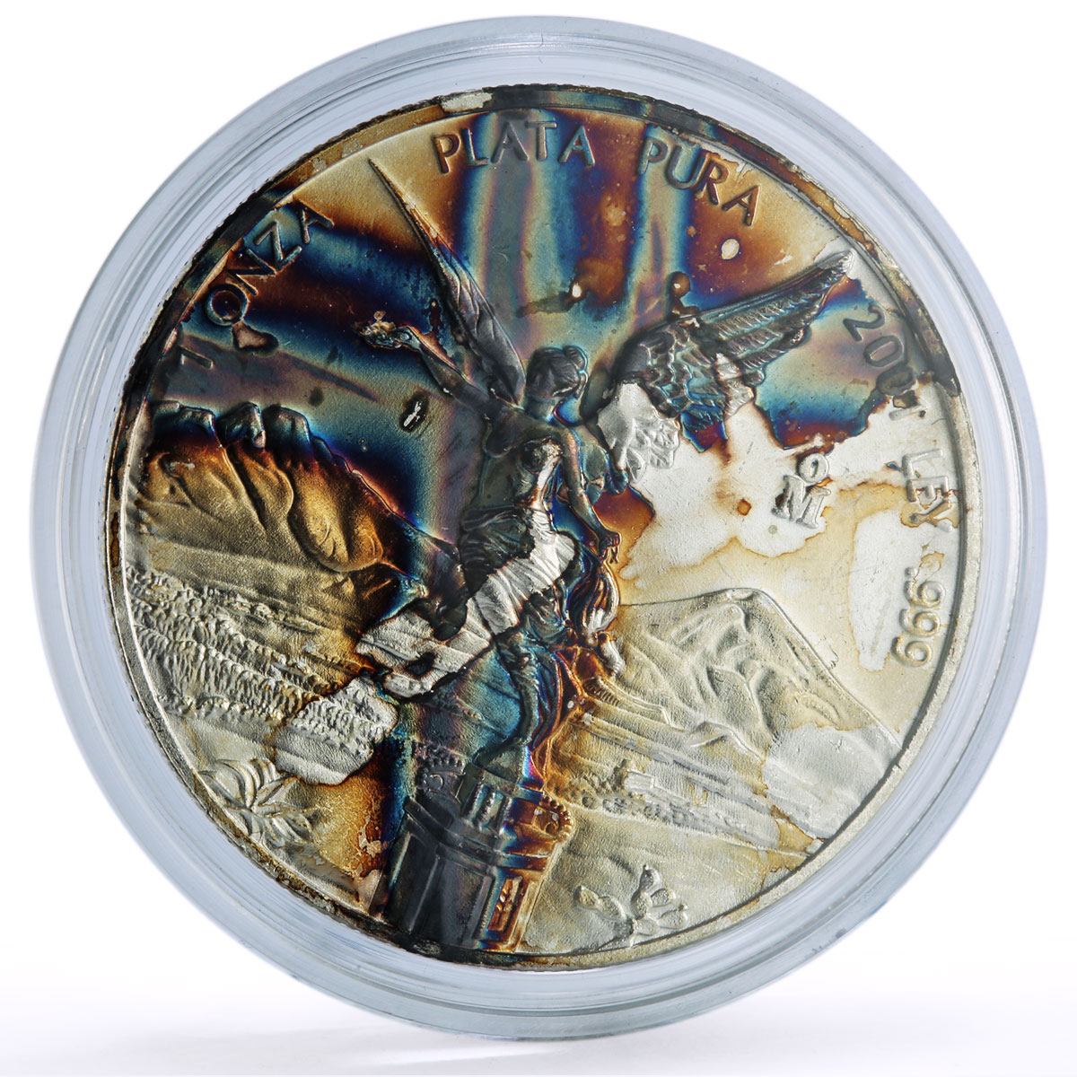 Mexico 1 onza Libertad Angel of Independence Rainbow Patina silver coin 2001