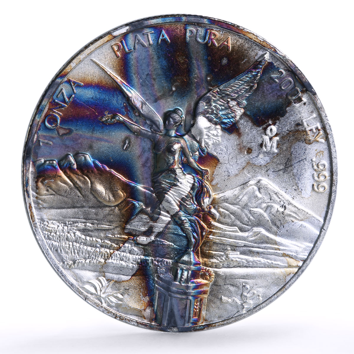 Mexico 1 onza Libertad Angel of Independence Rainbow Patina silver coin 2001