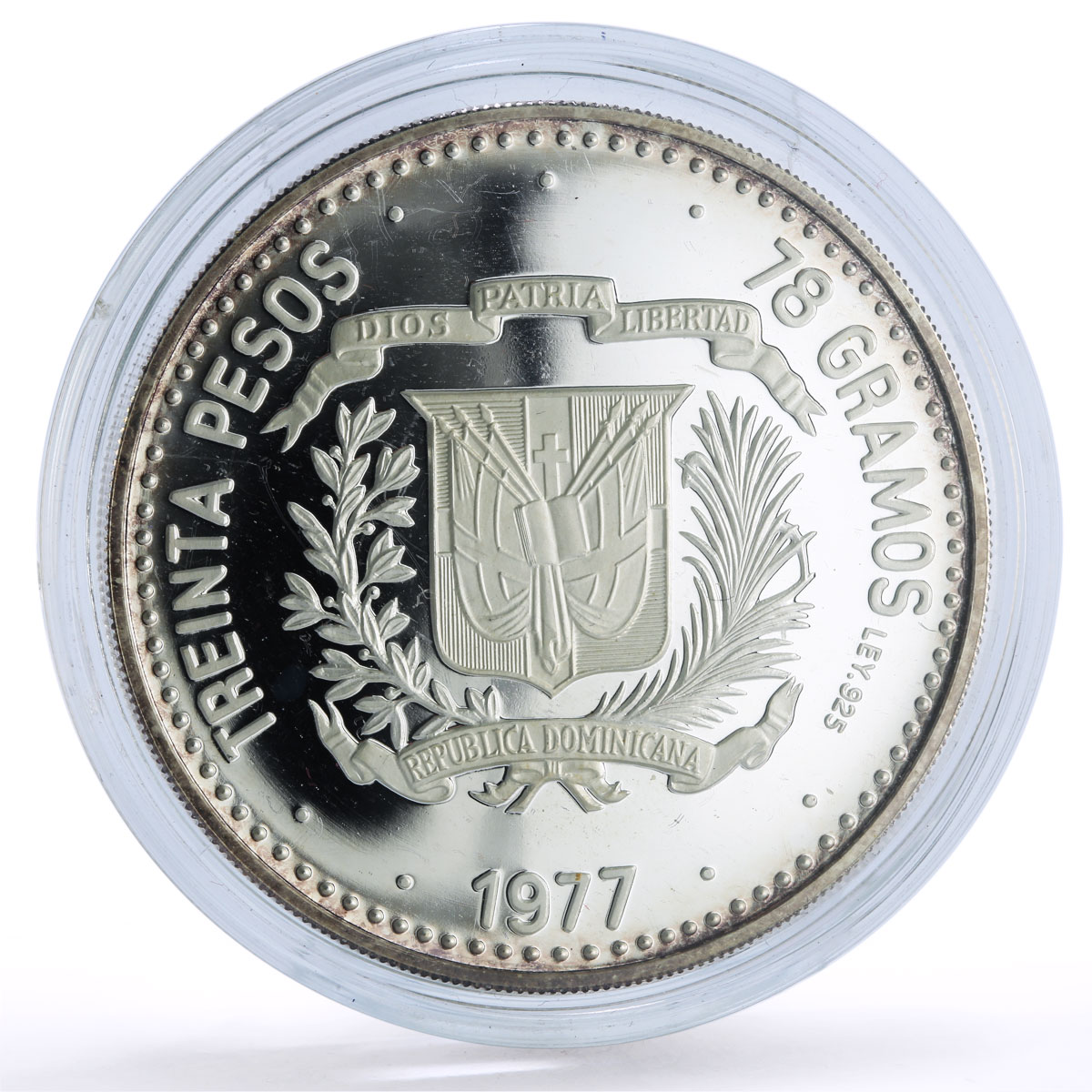 Dominican Republic 30 pesos Central Bank 30th Anniversary proof silver coin 1977