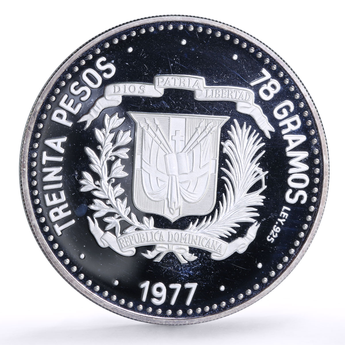 Dominican Republic 30 pesos Central Bank 30th Anniversary proof silver coin 1977