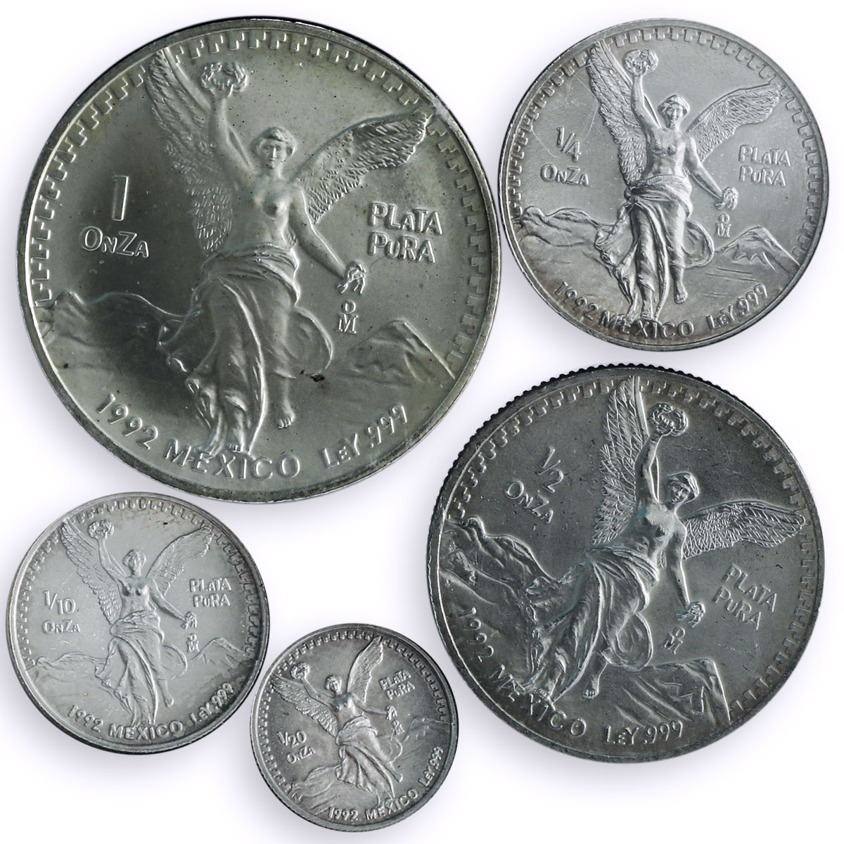 Mexico Various Onzas Set Libertad Angel of Independence BU silver coins 1992