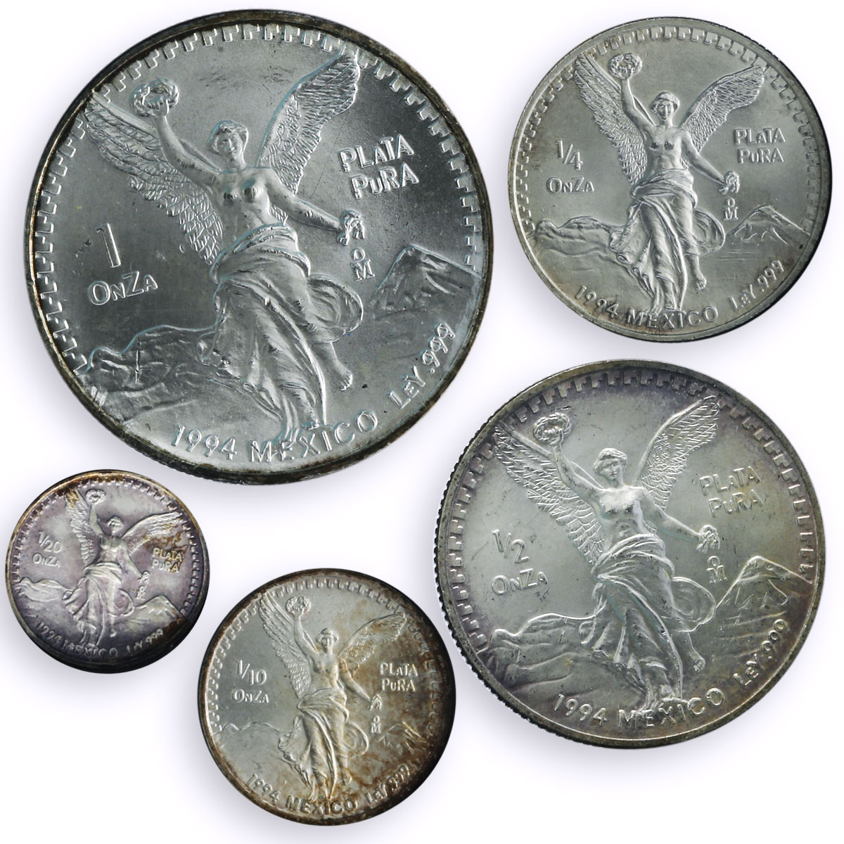 Mexico Various Onzas Set Libertad Angel of Independence BU silver coins 1994