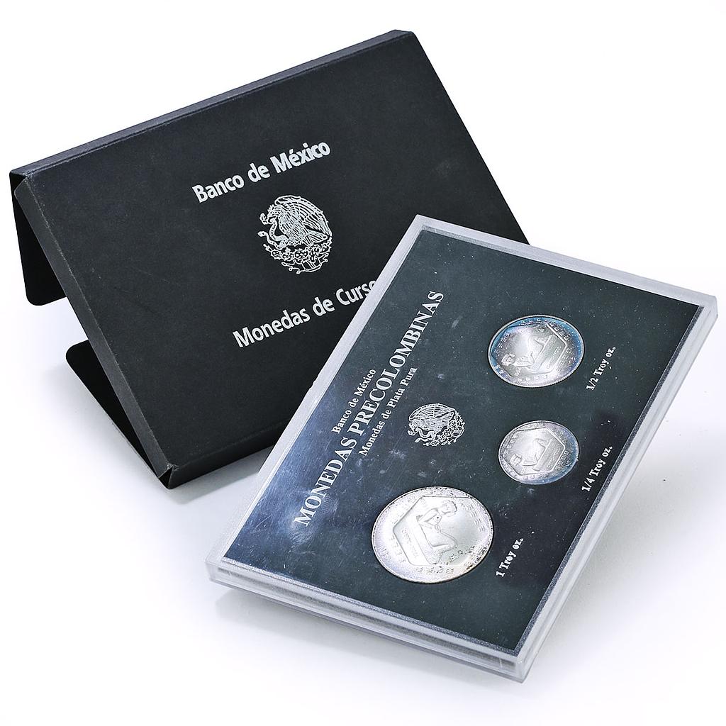 Mexico 5 2 1 pesos Set Chaac Mool Precolombina Maya BU silver coins 1994