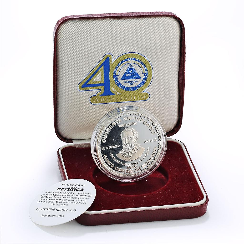 Nicaragua 50 cordobas BCN Central Bank 40th Anniversary proof silver coin 2000