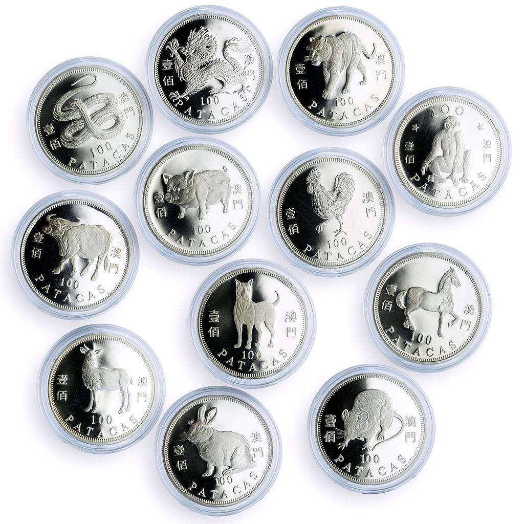 China Macau 100 patacas x 12 Set Lunar Calendar Animals silver coins 1992 - 2003