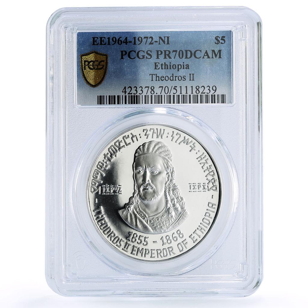 Ethiopia 5 dollars Emperor Theodros II History PR70 PCGS silver coin 1972 NI
