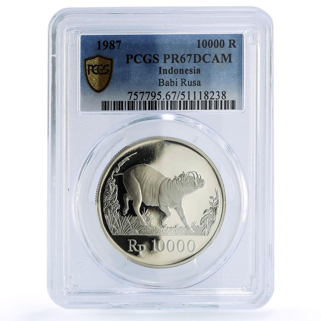 Indonesia 10000 rupiah Pig Boar Conservation Fauna PR67 PCGS silver coin 1987