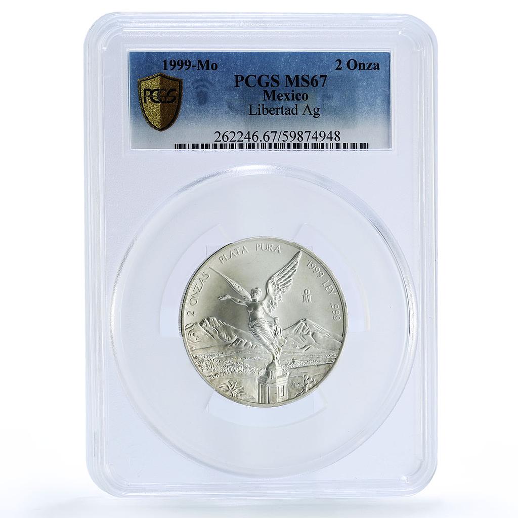 Mexico 2 onzas Libertad Angel of Independence KM-614 MS 67 PCGS silver coin 1999