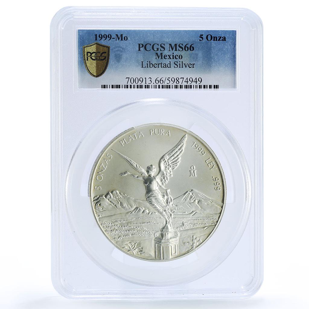Mexico 5 onzas Libertad Angel of Independence KM-615 MS 66 PCGS silver coin 1999