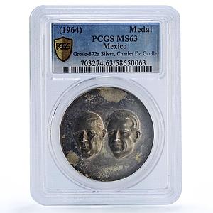 Mexico De Gaulle Mateos Visit Grove-872a Politics MS 63 PCGS silver medal 1964