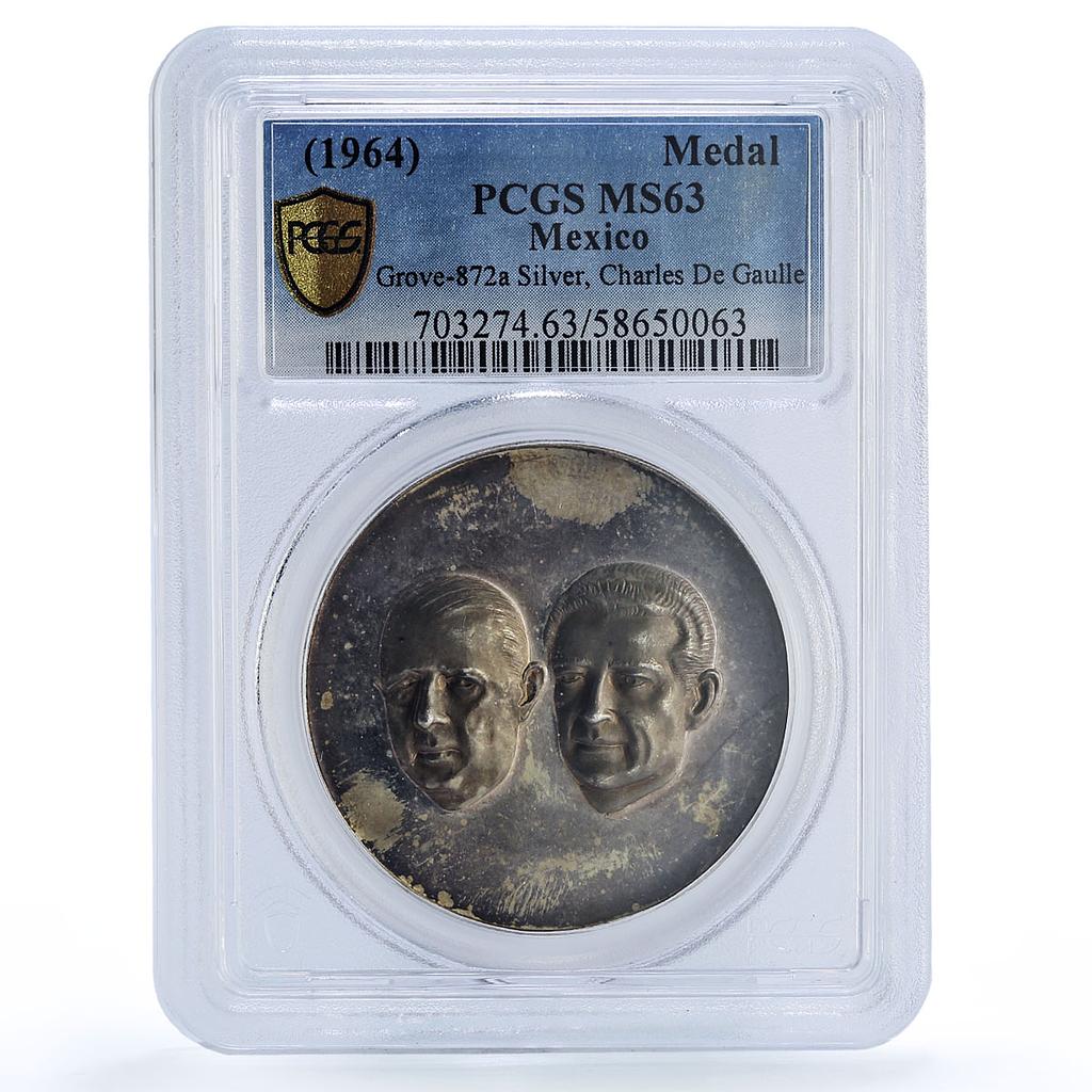 Mexico De Gaulle Mateos Visit Grove-872a Politics MS 63 PCGS silver medal 1964