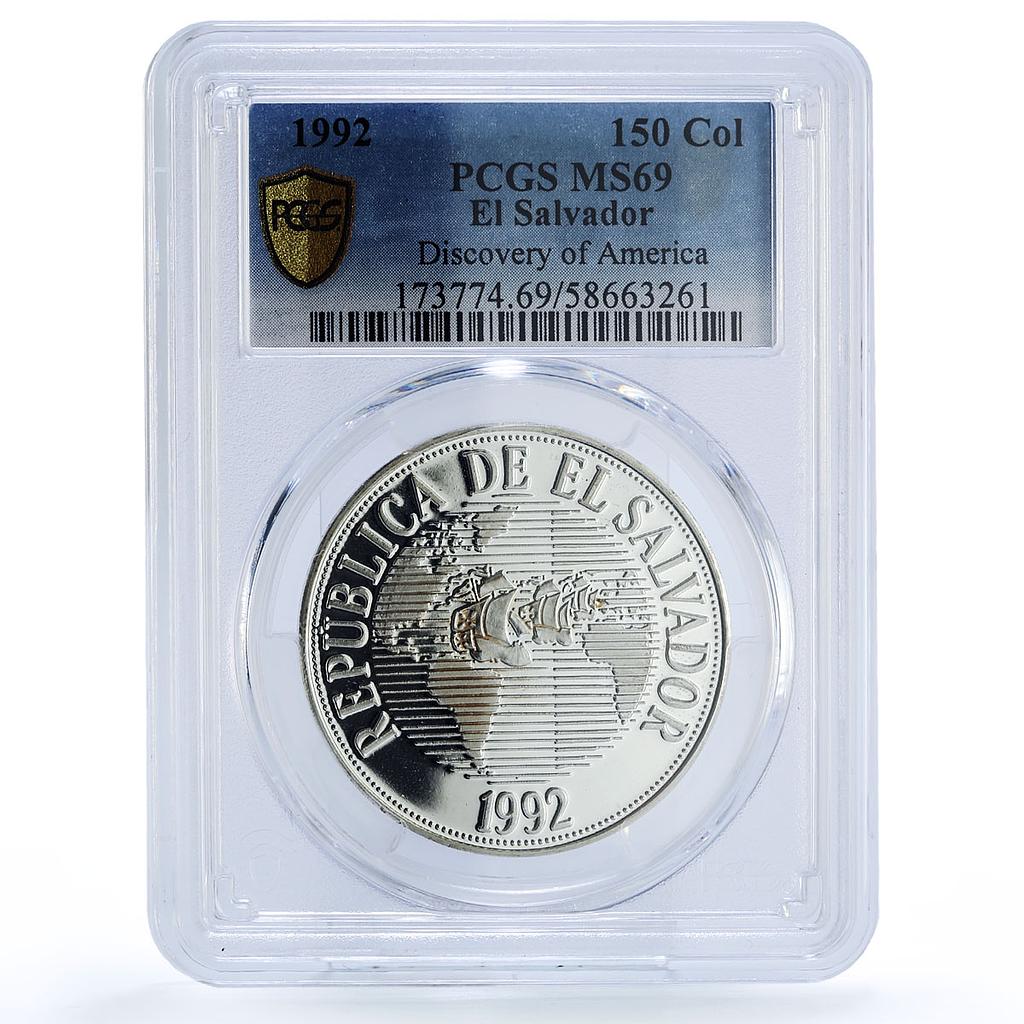 El Salvador 150 colones Discovery America KM-160 Ship MS 69 PCGS silv. coin 1992